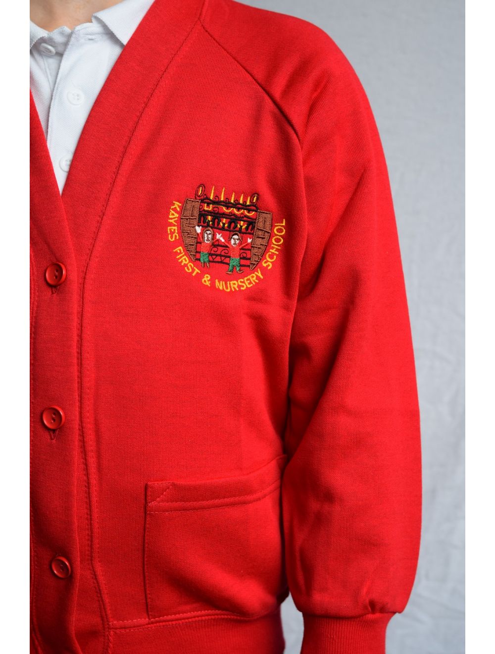 red school cardigan with pockets